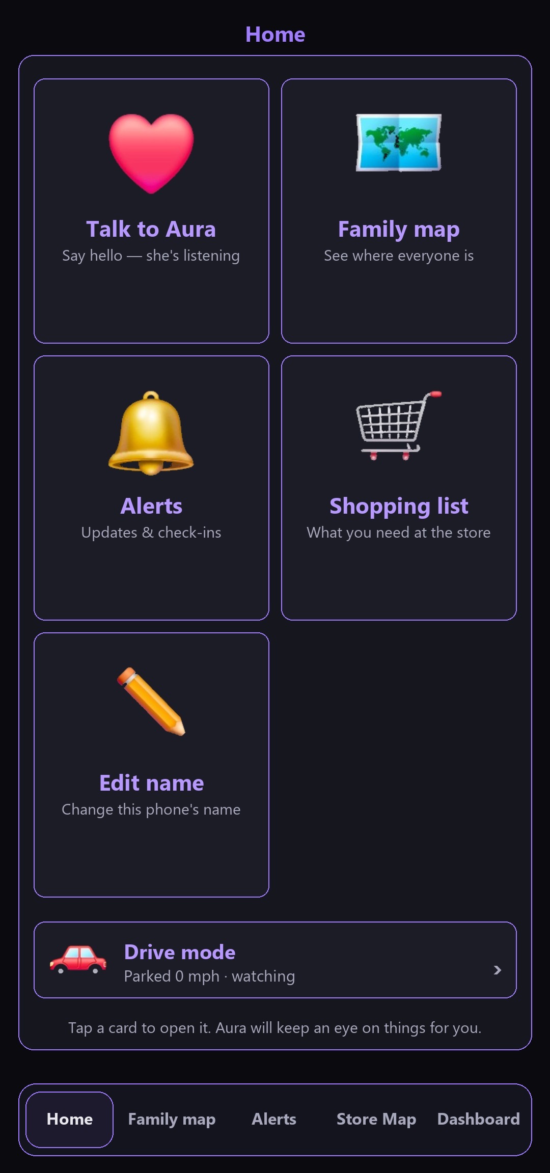 Aura Family Companion — home screen